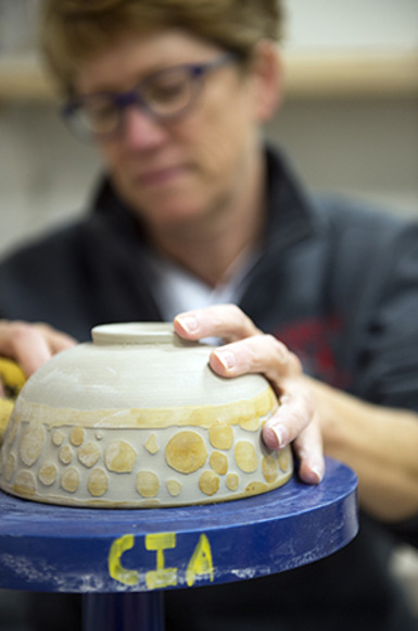 A close-up of one of the ceramic pieces created in our evening classes. 