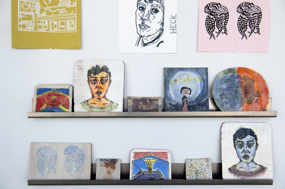 Various prints created in the Print and Ceramics class, on display for the Pre-College exhibition. 