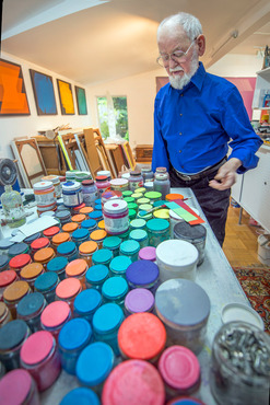 Julian Stanczak working in his studio