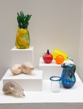 A display of colorful glass pieces during the Pre-College exhibition. 