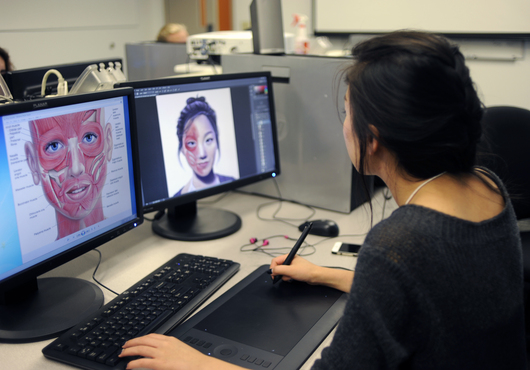 A student works on a digital self portrait during the Biomedical Art class. 