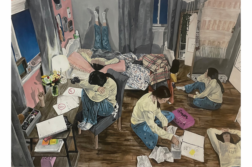 painting of the same person in multiple places in a bedroom