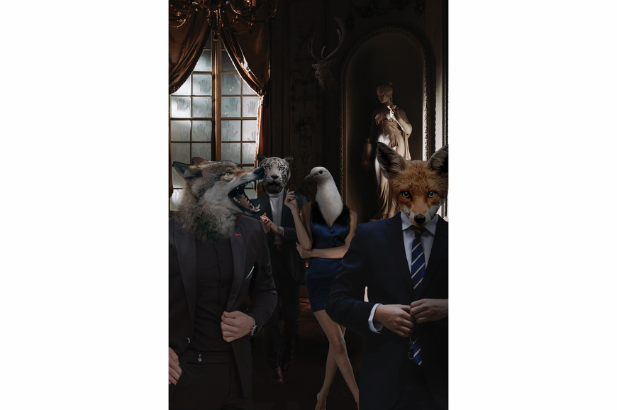 Photograph of people dressed up but with animal heads