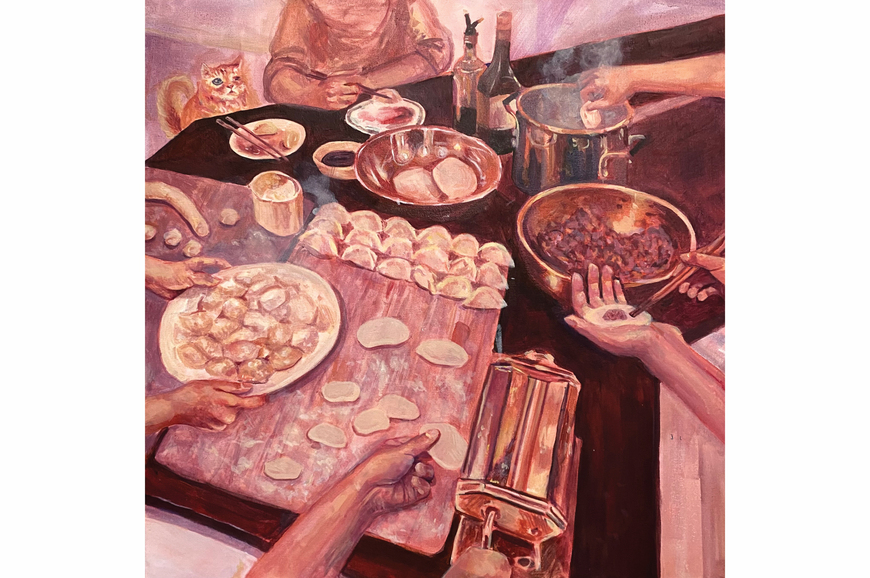 Painting of people making and cooking Asian dumplings